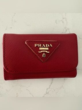 Prada Red Saffiano Leather Trifold Wallet with Gold Logo NWOT